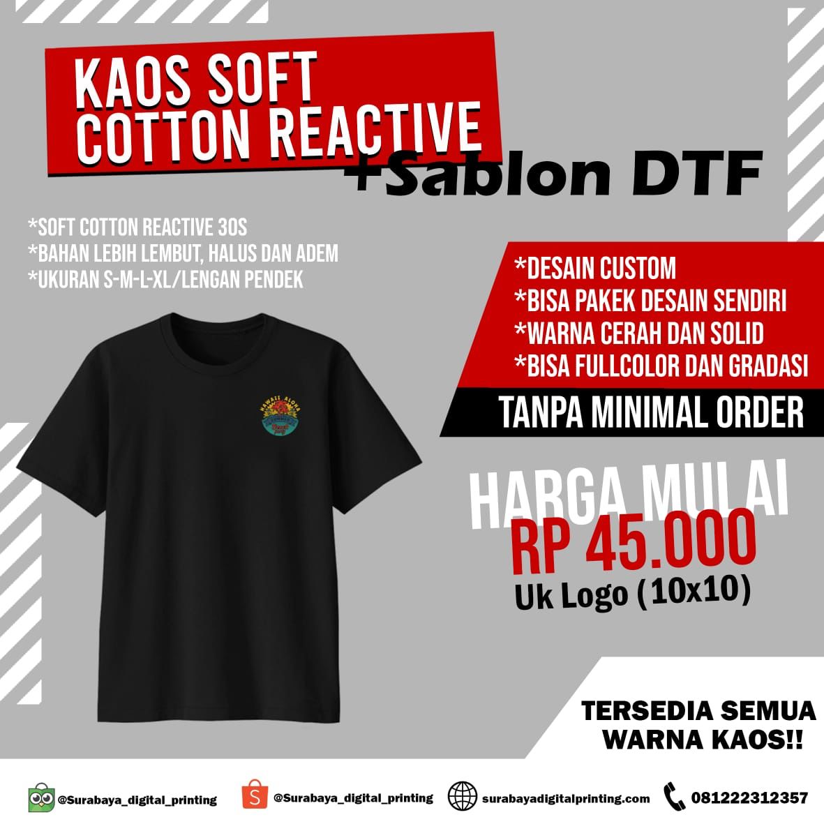 pricelist cetak kaos soft cotton reacitve